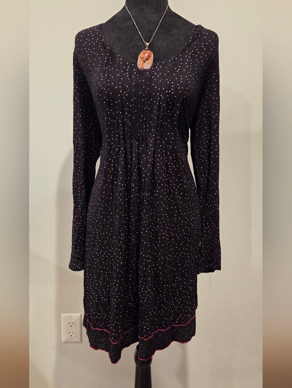 Ellen Tracy Black Long-Sleeve Polka Dot Dress with Pink Hem